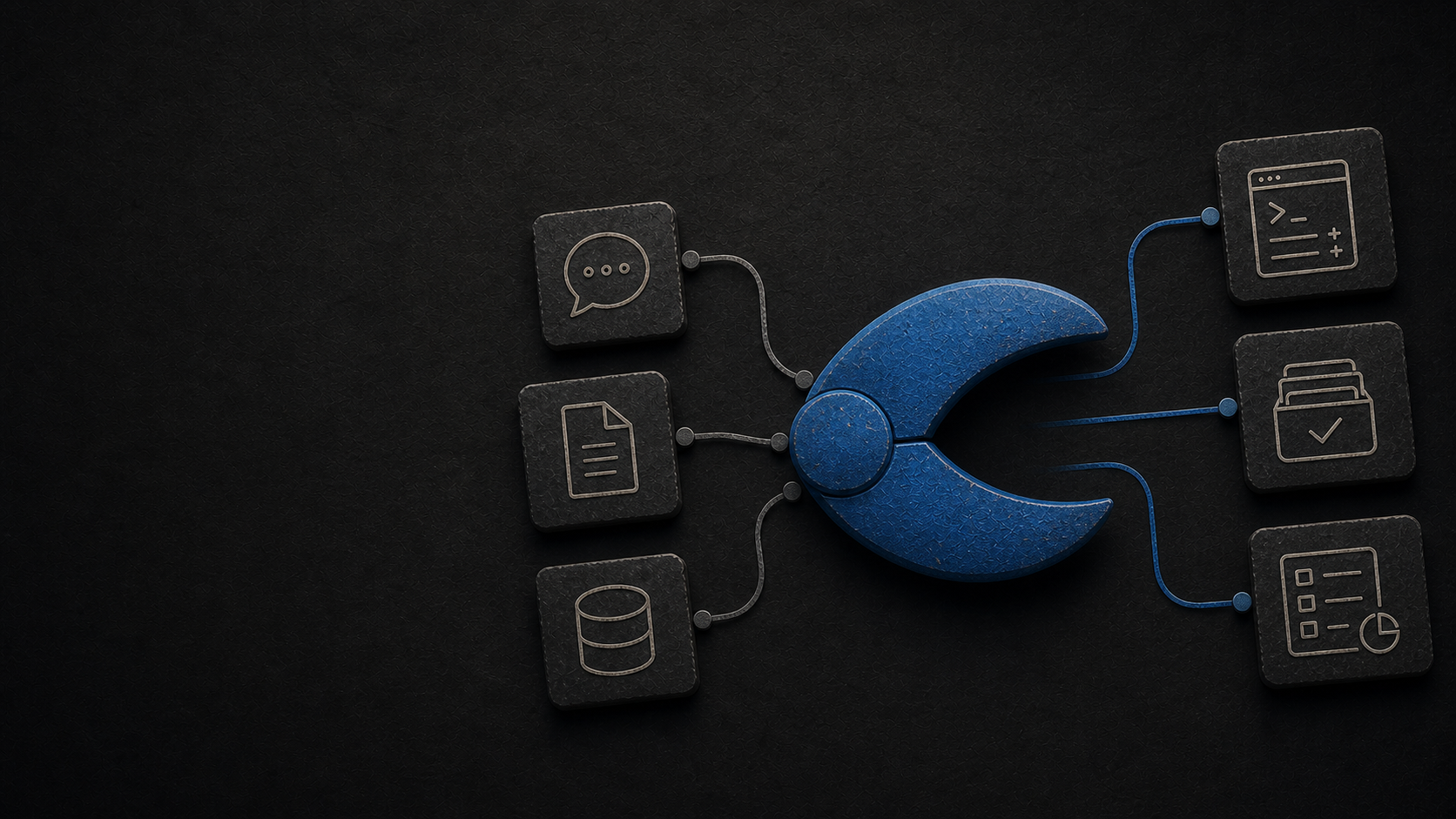 Matte blue claw gateway routing chat, document, and database workloads into code, inbox triage, and meeting-note outputs.